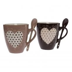 My Flair Tasses avec cuillères Darun (lot de 2) - Faïence - Marron / Noir